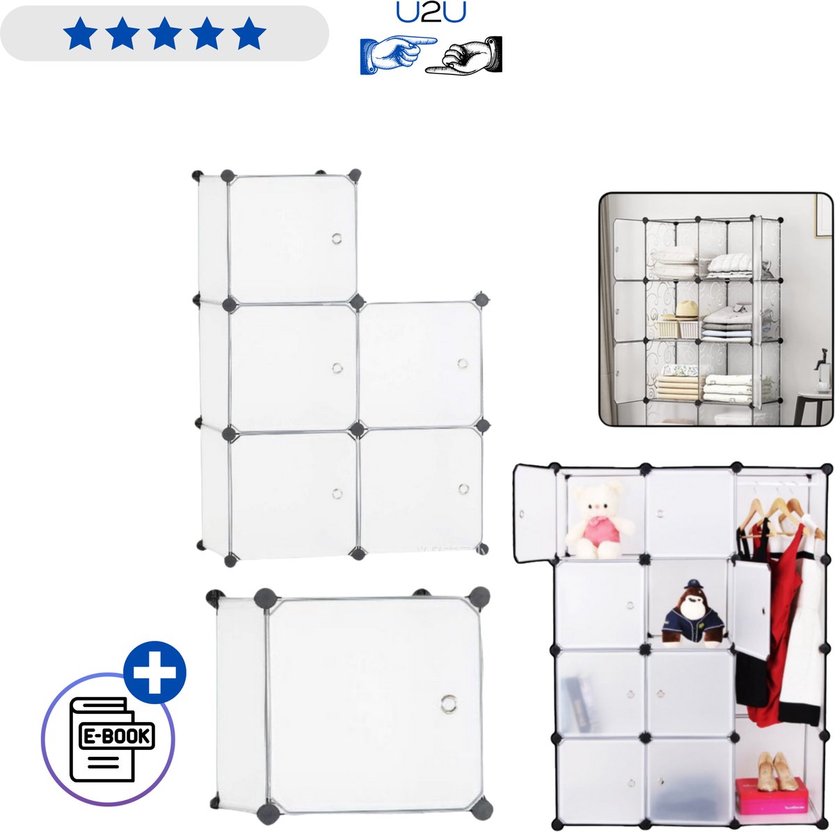 Modulaire schoenenkast transparant met 5 vakken – uitbreidbaar schoenenrek met deuren, kunststof opbergsysteem 30x30 cm per vak voor hal slaapkamer of kantoor Met Ebook