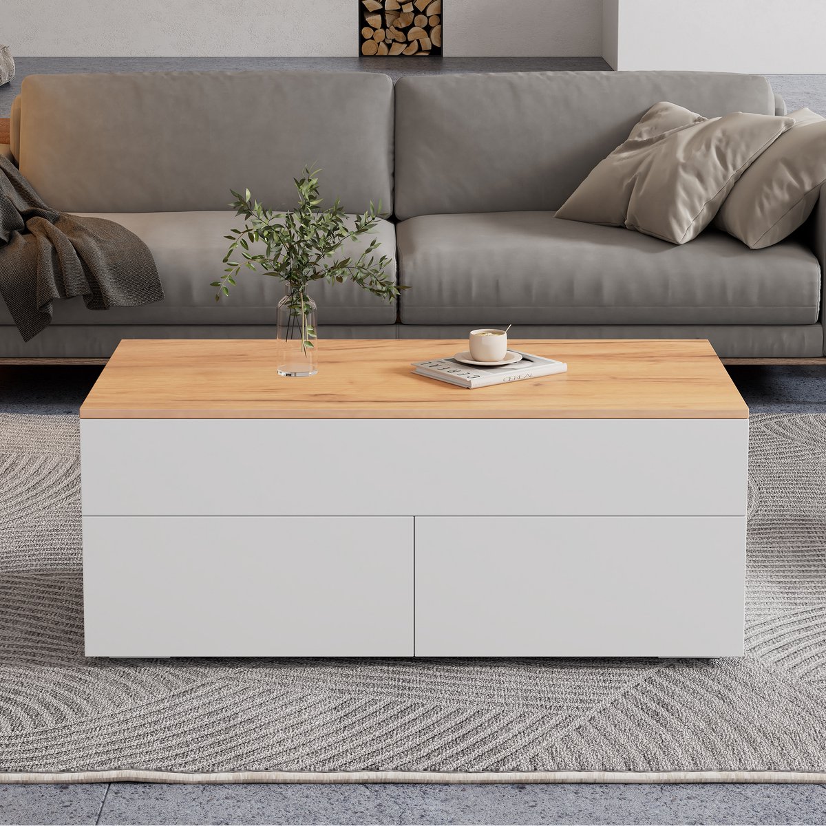 VVBV 100*50*40 cm Salontafel In hoogte verstelbare salontafel met verborgen opbergruimte, salontafel met 2 lades, salontafel met halfopen opbergruimte, bijzettafel in wit + houtkleur