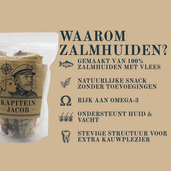 Zak Kapitein Jacob hondensnacks. Tekst: Waarom zalmhuiden? Gemaakt van 100% zalmhuiden met vlees. Natuurlijke snack zonder toevoegingen. Rijk aan omega-3. Ondersteunt huid & vacht. Stevige structuur.