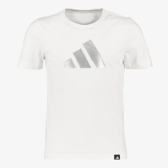 Wit T-shirt voor meisjes met grote glinsterende zilveren Adidas logo op de voorkant.