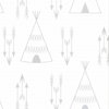 Fabs World | Tipi tenten en pijlen | Wit en grijs | Vliesbehang 0,53x10m