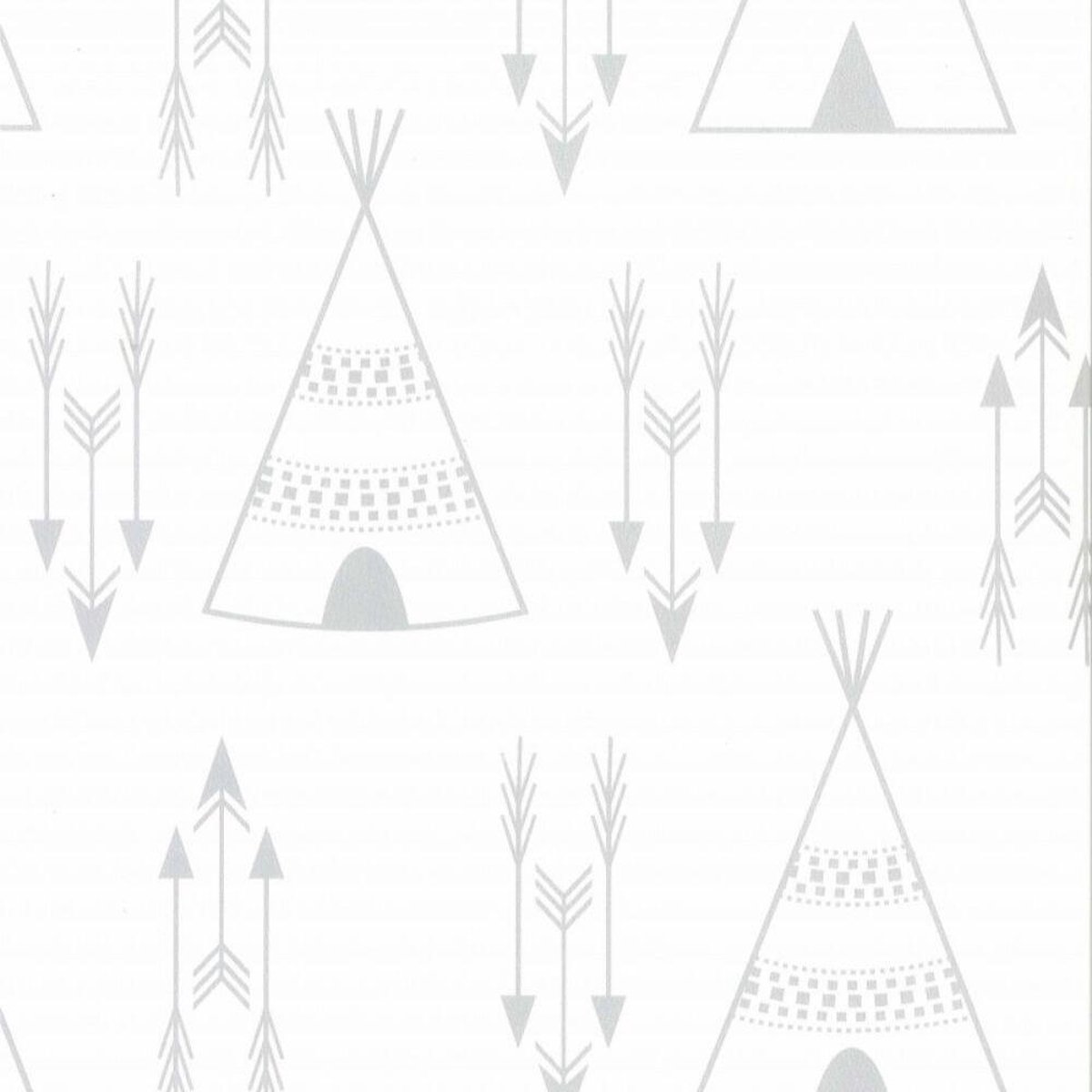 Fabs World | Tipi tenten en pijlen | Wit en grijs | Vliesbehang 0,53x10m