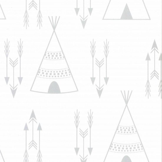 Fabs World | Tipi tenten en pijlen | Wit en grijs | Vliesbehang 0,53x10m