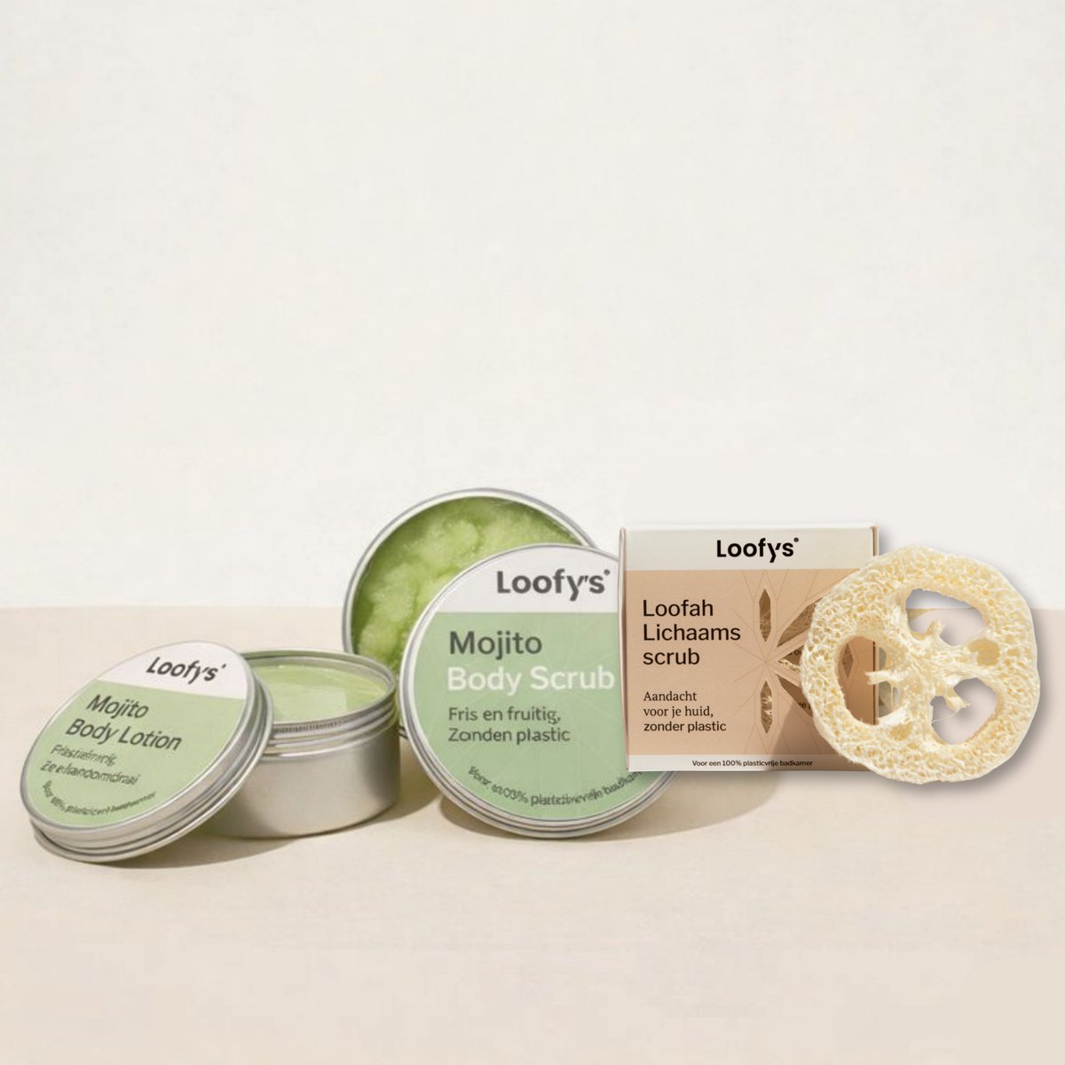 Alles-in-1 Lichaamsverzorging Cadeauset – Bodylotion 150ml + Bodyscrub 150ml + Loofah Spons - Mojito
