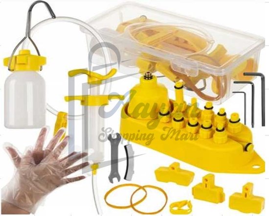 Gereedschapset voor remontluchting: gele flacon, spuit, koffer, adapters, ringsleutels, inbussleutels, handschoen.