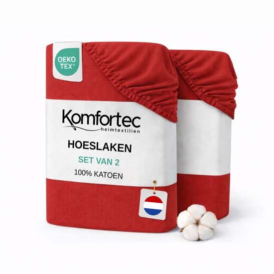 Komfortec Jersey Stretch 2x Hoeslaken 90x200 cm - Paquet Double - Épaisseur du Matelas 30 cm - Élastique Tout autour - 100% Katoen - Rouge