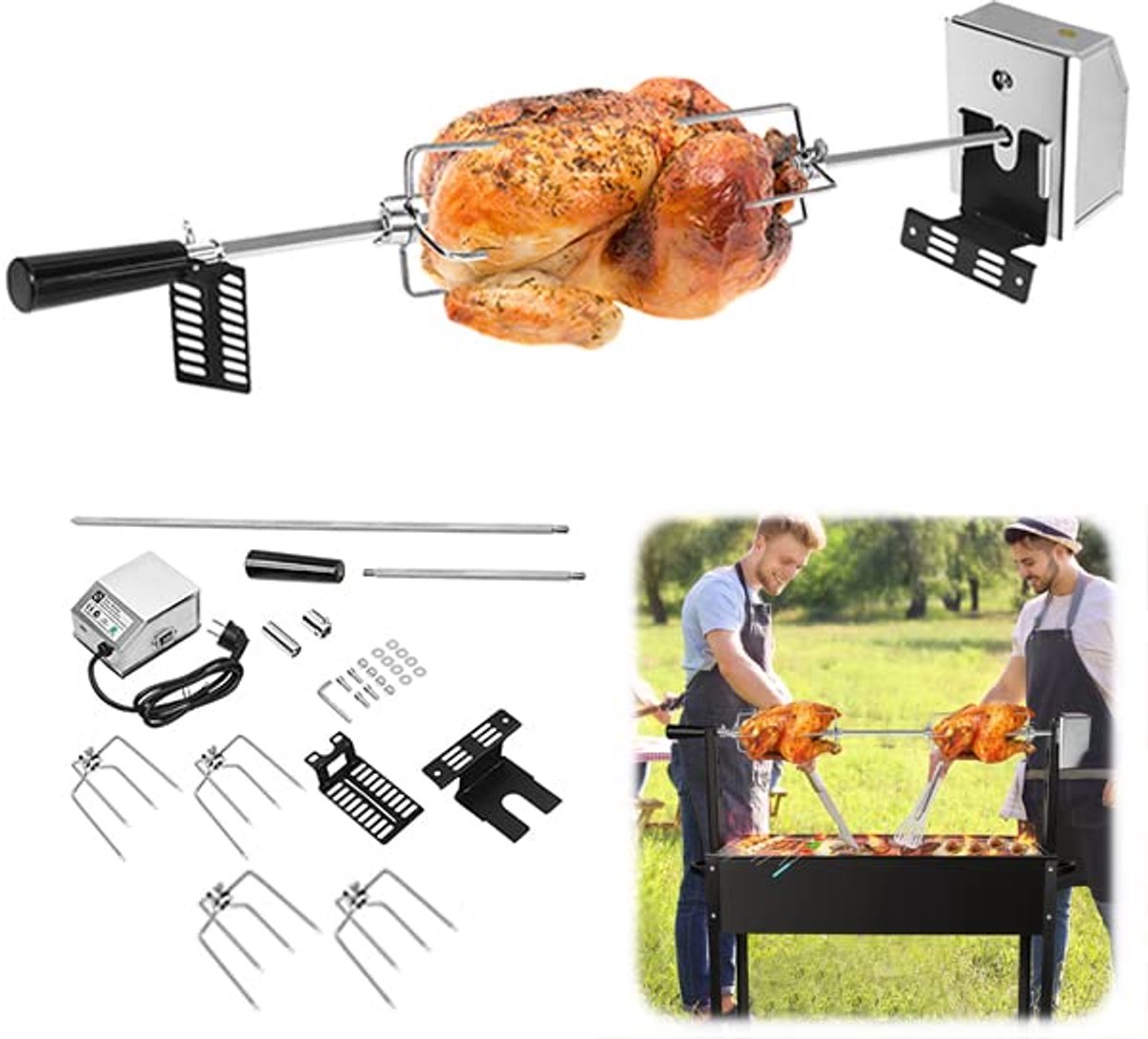 Aufun Rotisserie Set - Inclusief 4 Spiesen - 220v-240v Elektrische Rotisserie - Gasbarbecue Spies 107 cm - Roestvrijstalen Motor - Geschikt Voor Reizen En Kamperen