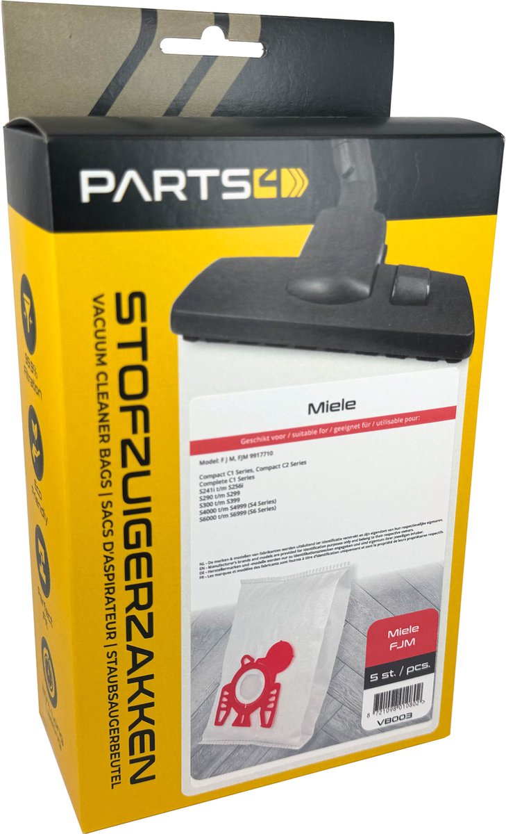 5 Stofzuigerzakken PARTS4® geschikt voor Miele FJM | Passend in o.a. Complete C1, Compact C1 & Compact C2, S241, S290, S300, S500, S700, S4 (S4000 > S4999), S6 (S6000 > S6999), 9917710, MI30, NR57+
