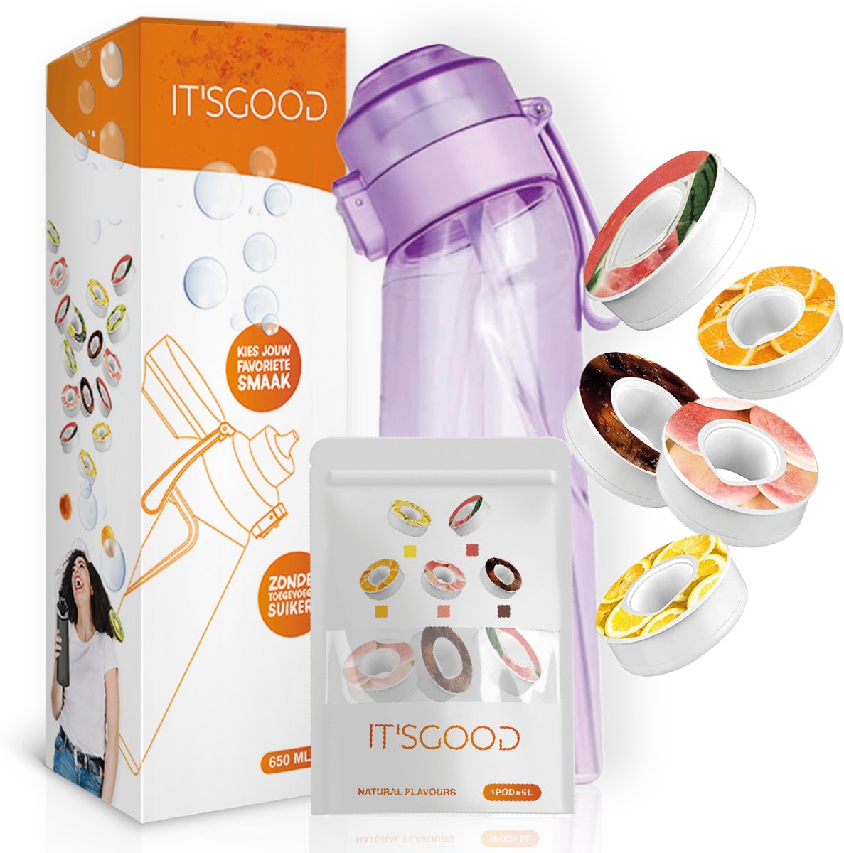 It'sgood - Geurwater Drinkfles - PAARS - Geur Waterfles - Fruit Flavors – Drink Up & Breathe the Air of Taste - Geurwater Drinkfles - Inclusief 5 Pods - 650 ml - Tritan - BPA-vrij - Starterskit - Starterset - Aromacapsules 0 suiker