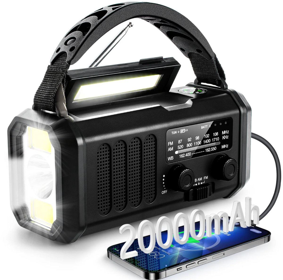 Noodradio Solar & Opwindbaar – 20.000mAh Powerbank met Zaklamp & SOS – AM/FM Overlevingsradio – Radio voor Noodpakket