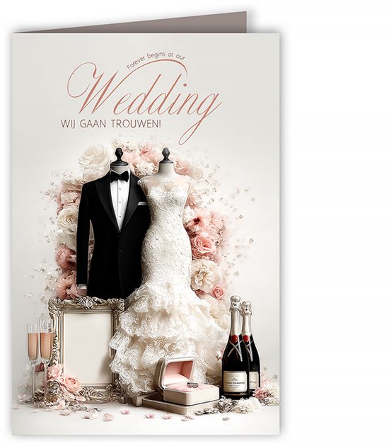 Trouwkaart met op de voorkant een trouwjurk, smoking, ringendoosje, champagneflessen en bloemen. Tekst: "Wedding WIJ GAAN TROUWEN!".