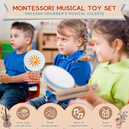 8-delige set baby-muziekinstrumenten - Montessori-muziekspeelgoed voor peuters van 1-3 jaar, houten percussie-instrumentenset, educatief muziekspeelgoed voor kleuters, cadeaus voor jongens en meisjes — afbeelding 5