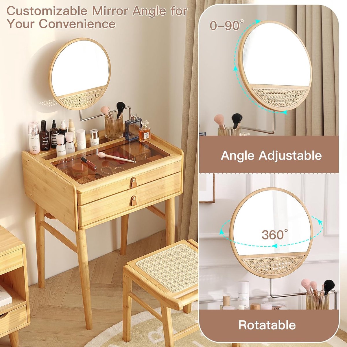 Make-up Schminktisch mit Drehbarem Spiegel, 2 Schubladen & Regal, Kompakter Bambus-Make-up-Tisch für Mädchen & Schlafzimmer, 46 x 54 x 77 cm – Pauwhome