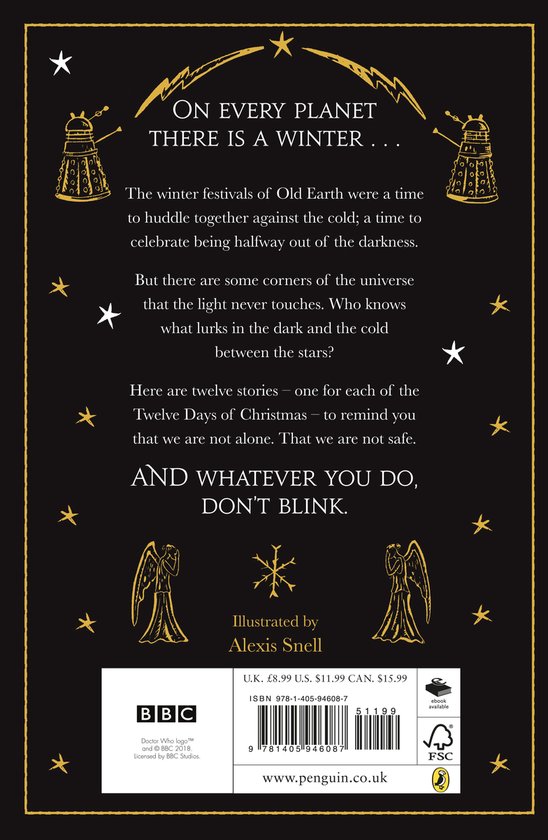 Achterkant van het boek 'On Every Planet There Is A Winter...', met Daleks en engelen. Tekst over winterfestivals en twaalf verhalen.