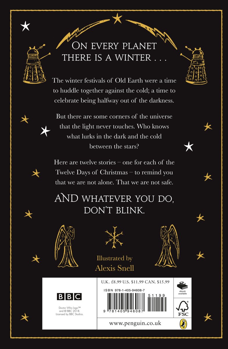 Achterkant van het boek 'On Every Planet There Is A Winter...', met Daleks en engelen. Tekst over winterfestivals en twaalf verhalen.