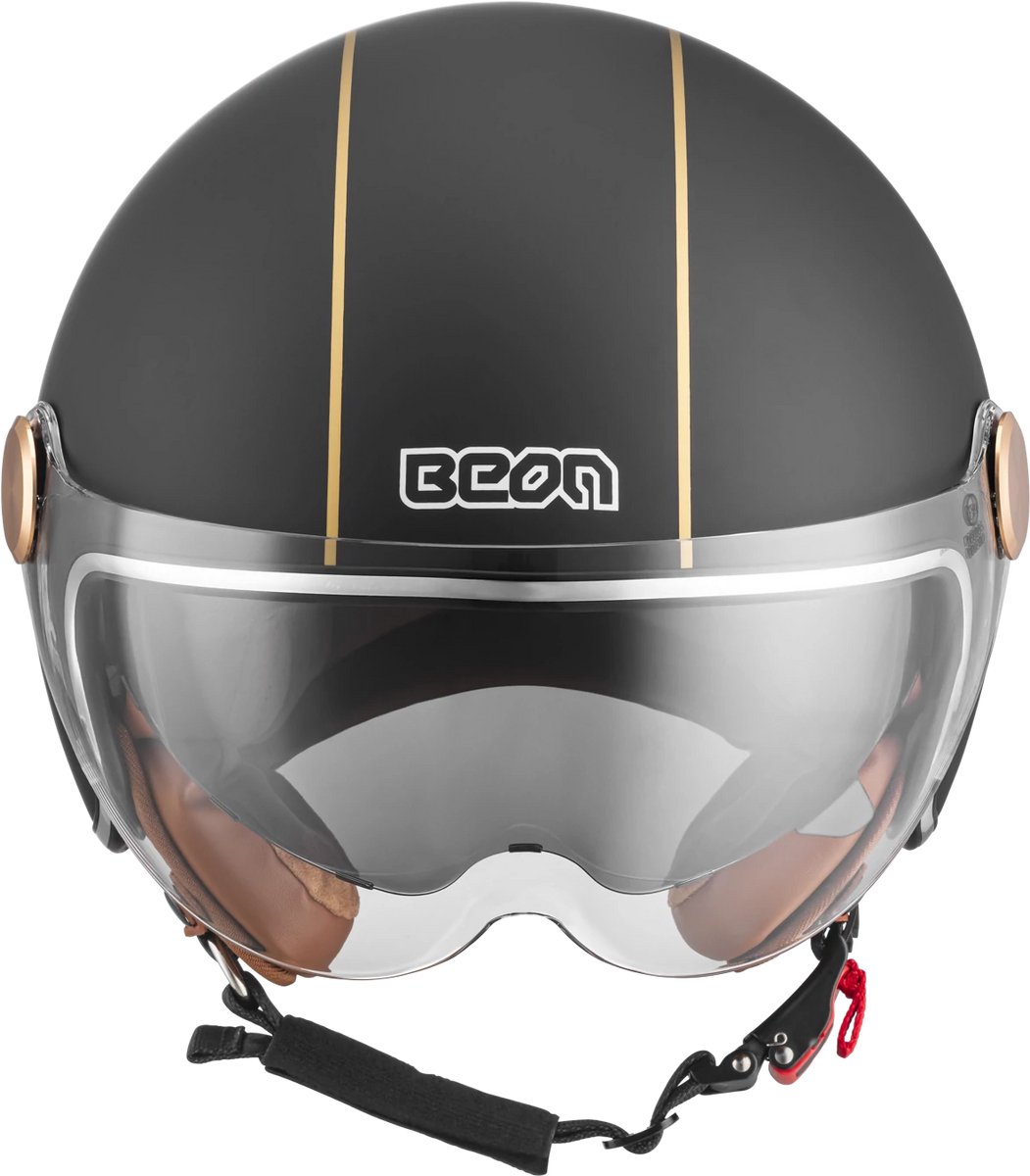 BEON B120 Scooterhelm - M - Jethelm met Zonnevizier - Motorhelm - Geschikt voor Vespa, Scooter, Brommer, Motor en Snorfiets - Mat Zwart met Bruin Leer – foto 5