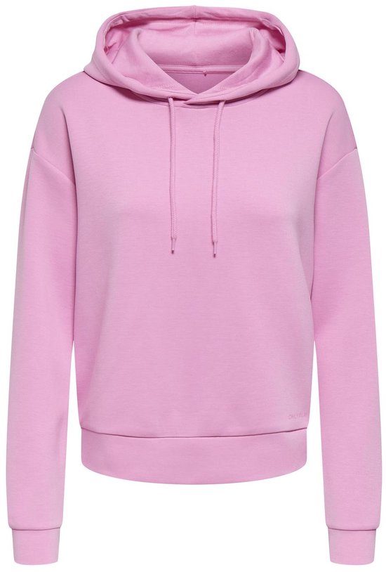 Voorkant van een roze hoodie.