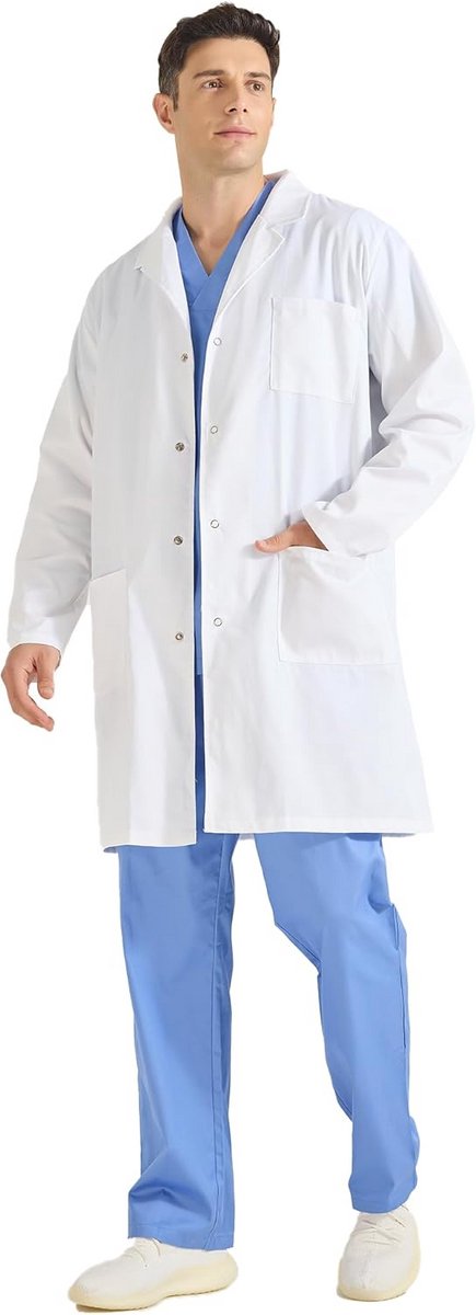 Unisex Witte Laboratoriumjas Lange Mouwen Knoopsluiting voor Ziekenhuis en Apotheek