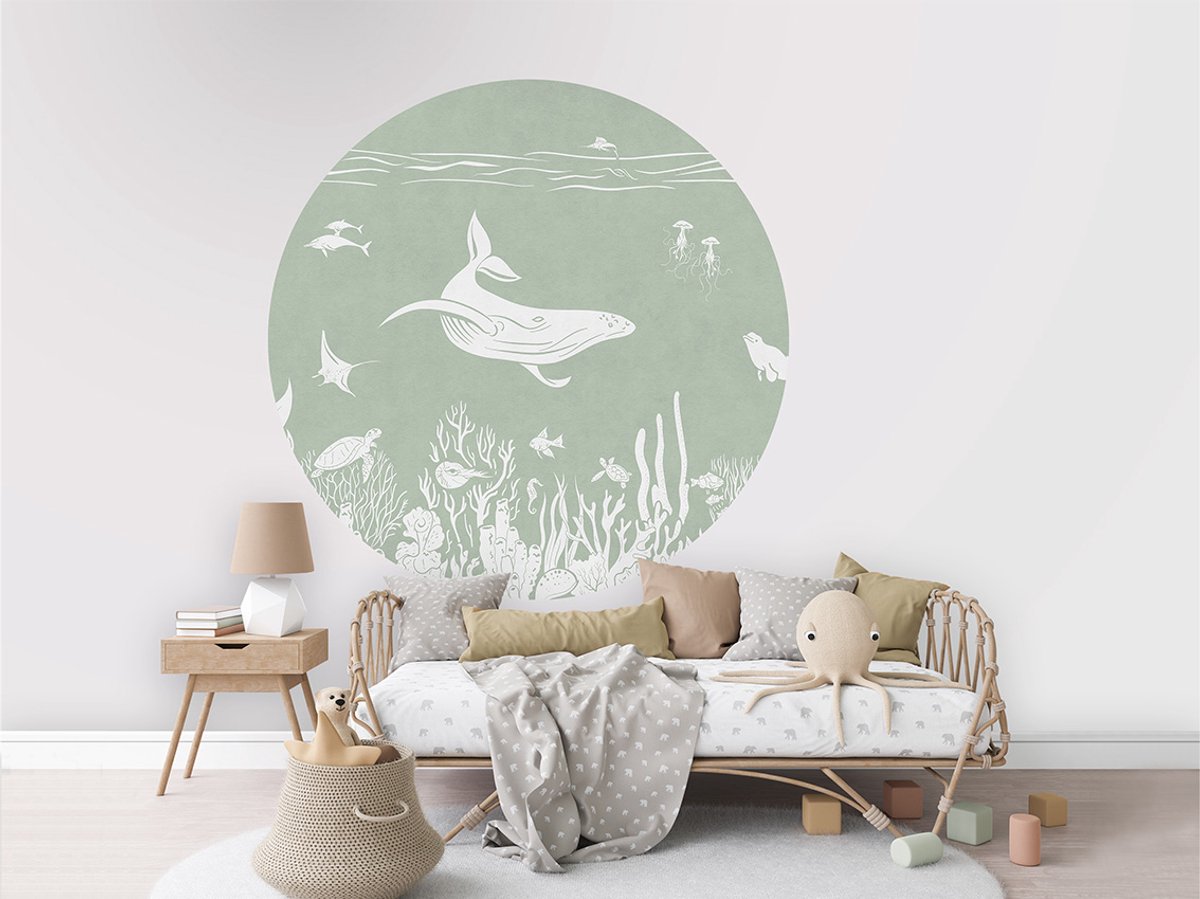 Muursticker - Behangcirkel - Kinderkamer - Decoratie rond - muurdecoratie - ø 100 cm - Onderwaterwereld - Groen - Monochrome Sea Green