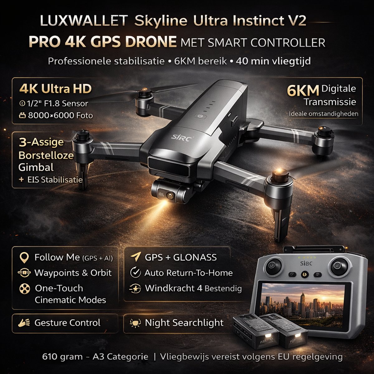 LUXWALLET Skyline Ultra Instinct V2 - True 4K Drone - 40min Vliegtijd - 6km Range thumbnail 2