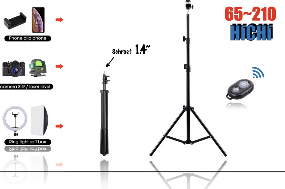 Statief 210cm Inc. Bluetooth Remote Shutter, Telefoonhouder, 360 ° Draaigreep horizontaal - Camerastatief - smartphone Tripod – Fairco