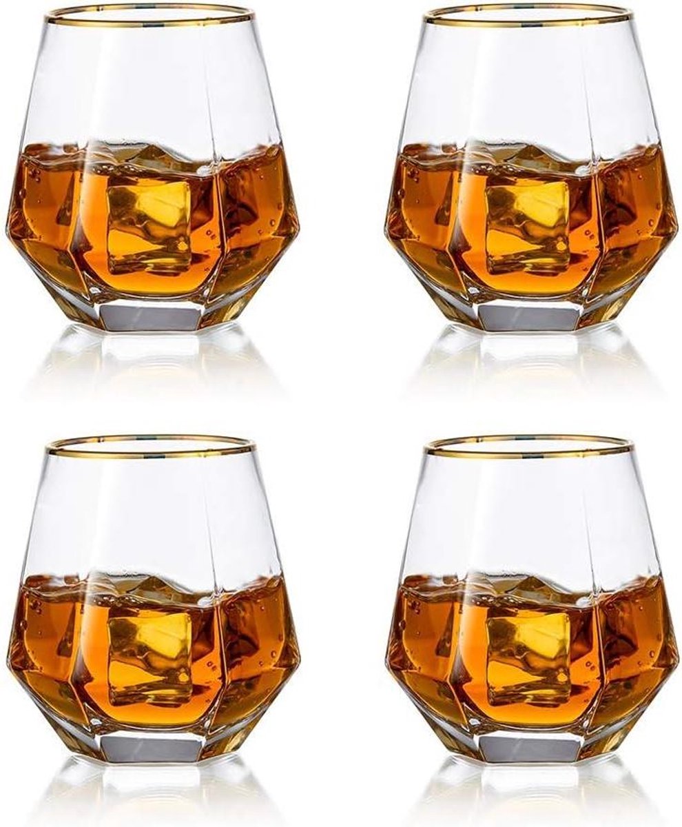 Whiskey glazen set van 4 met modern design voor bourbon, rum en bar, 300 ml