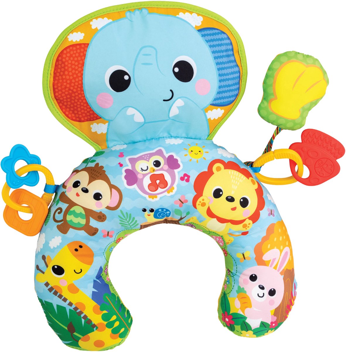 WINFUN Jungle Fun Tummy Time Kussen speelt vrolijke melodietjes met rammelaar en babyveilige bijtring