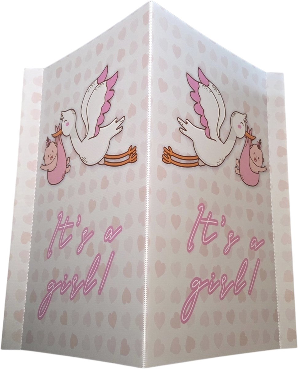 Geboortebord/ Raambord/ babybord | "It's a girl!" | 100 x 70 cm | Het is een meisje | Baby | Oooievaar | Geboorte | Aankondiging | Kanaalplaat | V-bord | Inclusief sterke dubbelzijdige tape | 1 stuk
