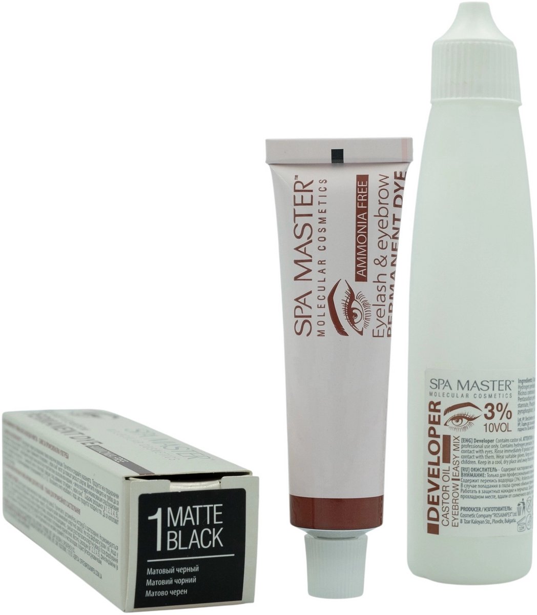 Spa Master Eyelash & Eyebrow Permanent Dye Matte Black + Developer 3% – Wenkbrauw & Wimper Verf Set Matzwart – Professioneel & Ammoniakvrij – Inclusief Castor Olie – 20ml + 60ml