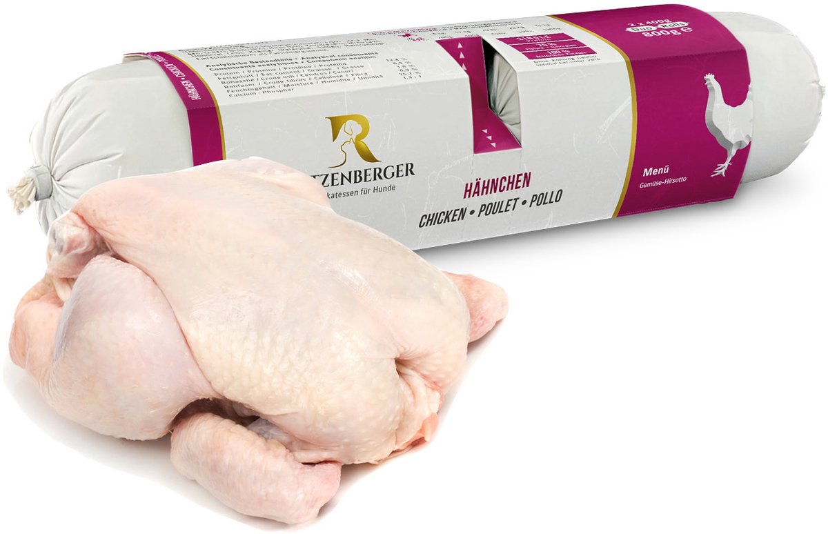 Ritzenberger Ritzenberger Kip met Groenten met Gierst compleet gestoomde worst. 24 x 400 gram (doos 12 rollen, 9,6 kilo totaal)