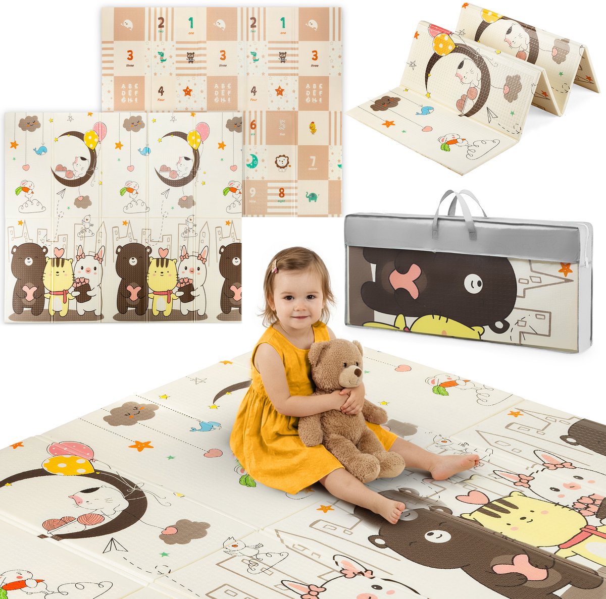 Speelmat Baby Opvouwbaar - Speelkleed Baby - Vloerkleed Baby - Speelmat Foam - Dubbelzijdig - 200x180x1 cm - Dubbelzijdig - Inclusief Opbergtas - Teddyberen