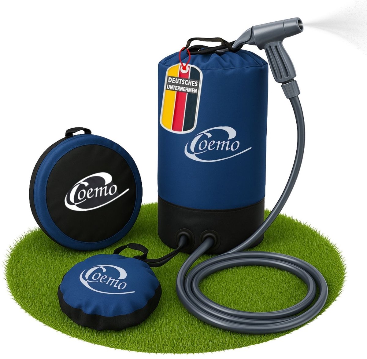 Campingdouche met voetpomp, blauw, draagbare tuindouche, slang met douchekop, eenvoudige drukopbouw via pomp, zonnedouche, duurzaam en waterdicht PVC