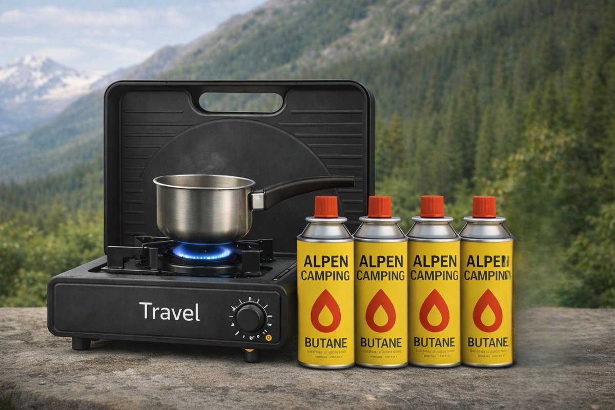 Travel Draagbaar Camping Gasfornuis Set – Inclusief 4 Butaan Gasflessen – Compact Kooktoestel voor Camping, Outdoor & Noodgebruik