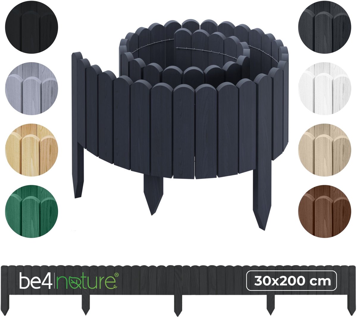 be4nature Flexibele houten border 30 x 200 cm Grijs Geïmpregneerde rolborder plantenrand tuinhek decor palissade graskant