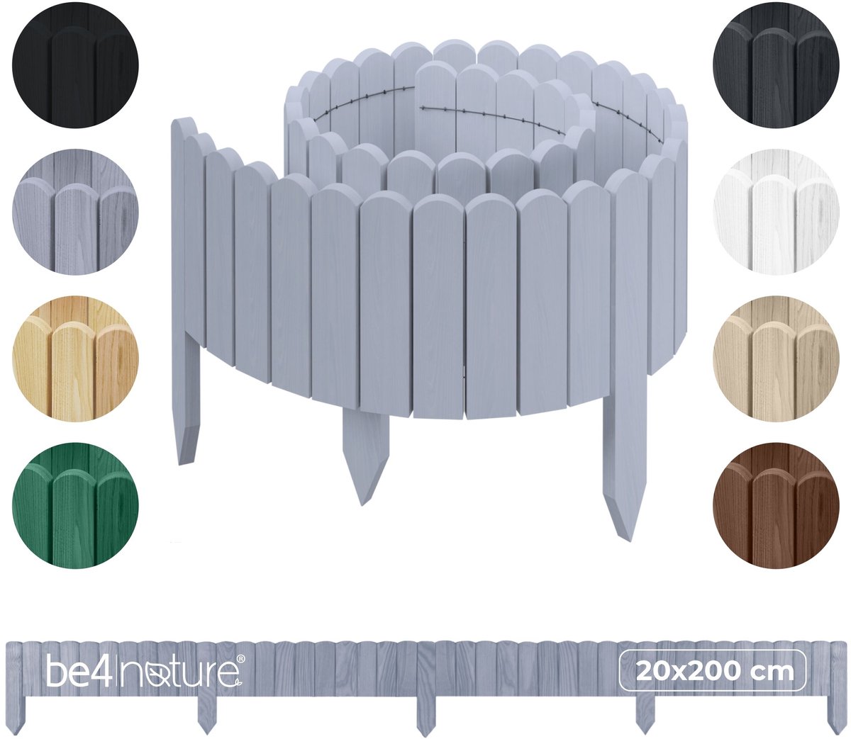 be4nature Flexibele houten border 20 x 200 cm Zilver Geïmpregneerde rolborder plantenrand tuinhek decor palissade graskant