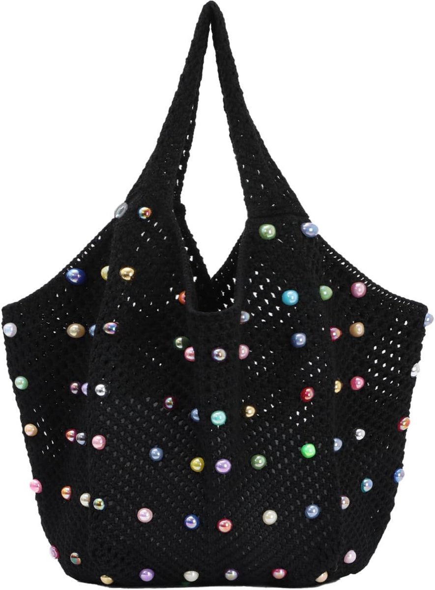 Boho Beachbag voor Vrouwen, Zomerse Netjes Geweven Tas met Geborduurde Parel