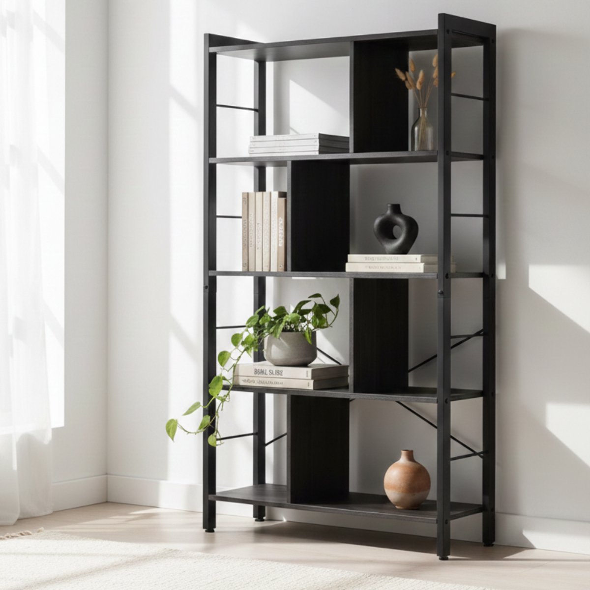 Mazazu - Zwarte boekenkast - Boekenrek - industrieel - Kasten - 74x30x154,5 cm