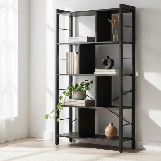 Mazazu - Zwarte boekenkast - Boekenrek - industrieel - Kasten - 74x30x154,5 cm