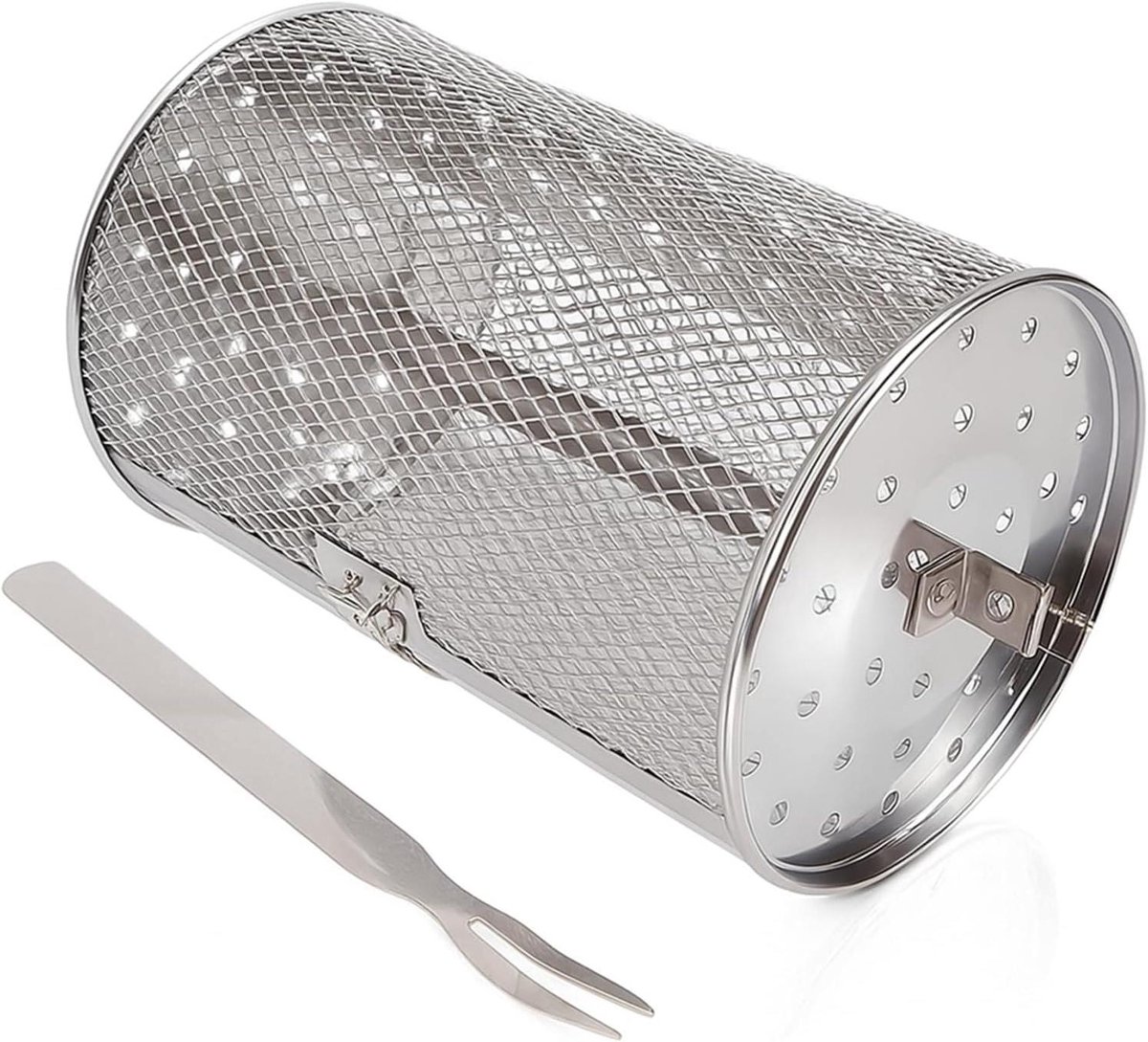 Allecto - Grillmand voor BBQ - RVS - Cilinder Grillmand voor Camping - Picknick - Geschikt voor Barbecue - Zilverkleurig Rolling Grilling Basket, RVS BBQ Rolling Basket Fork Wire Mesh Cilinder Grill Basket voor Camping Picknick Party.
