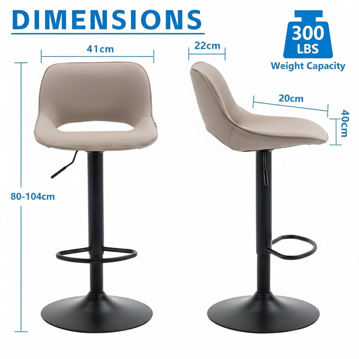 Barkruk set van 2 – House&Garden verstelbare draaistoel voor bar en keuken, hoge barkruk met ergonomische holle rugleuning, comfortabele kunstleren zitting, modern design, kaki