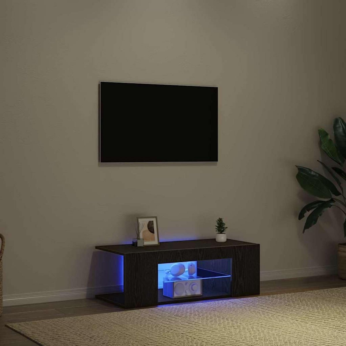 Moderne TV Kast Laag Zwart Eiken met Lades en USB LED Verlichting