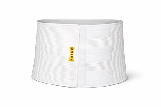 Ceinture abdominale Uriel blanche avec logo jaune et fermeture velcro.