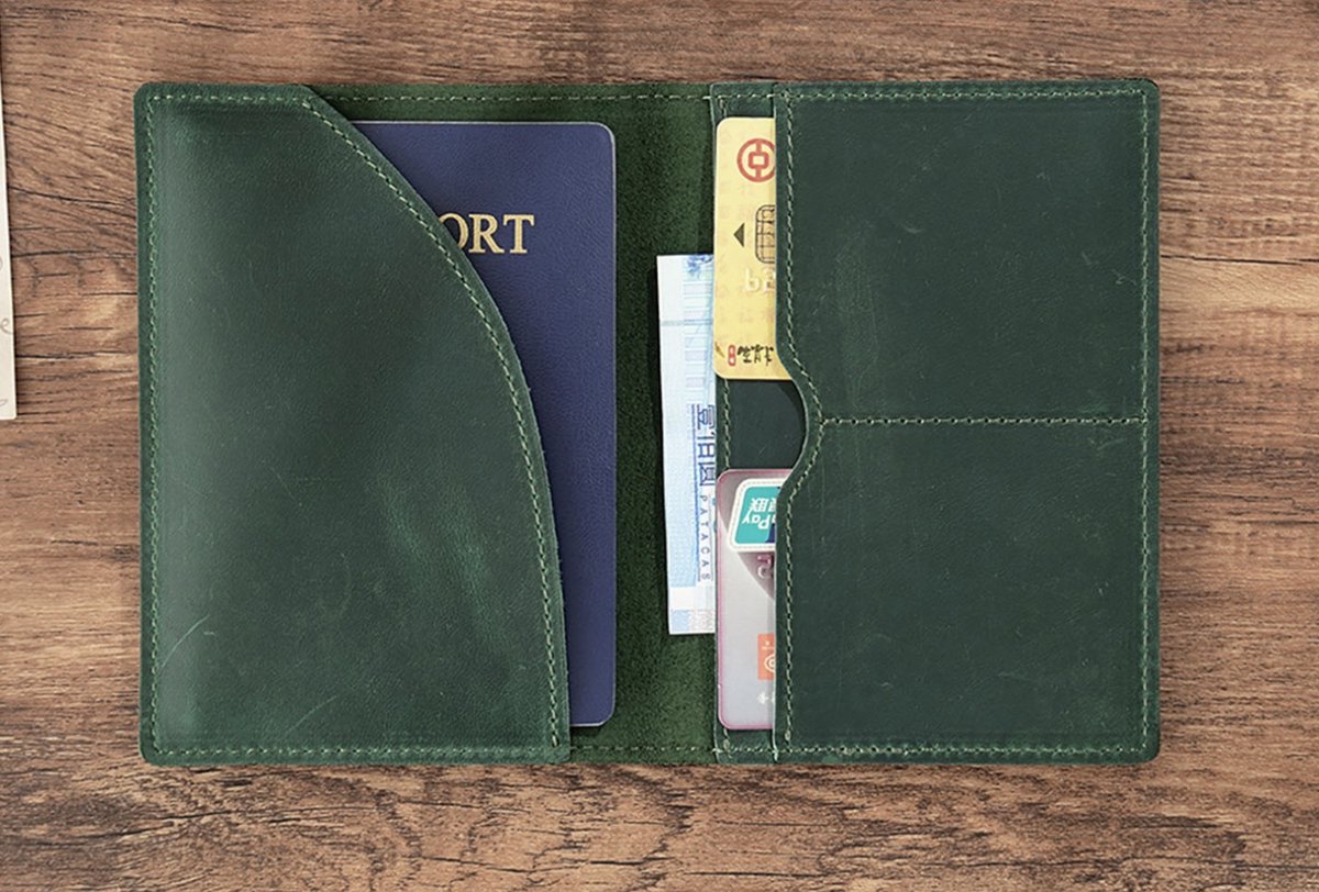 Paspoorthouder, Kaarthoude,Travel Wallet, Leer - Groen