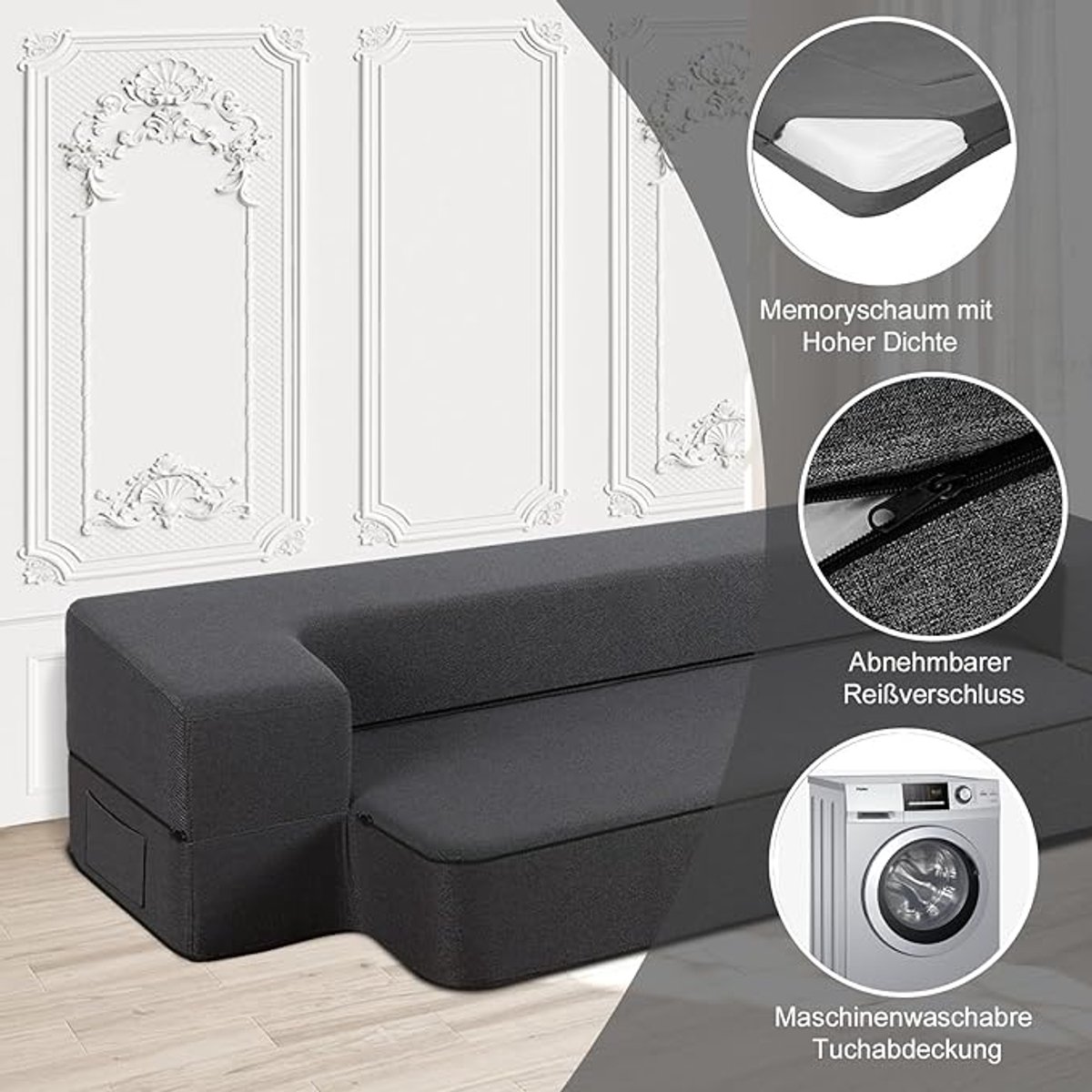 Slaapbank 2-in-1 190x137x25 cm – Opvouwbare Sofa Bed met 50D Memory Foam Matras, Geen Montage, Donkergrijs – Abkantoor