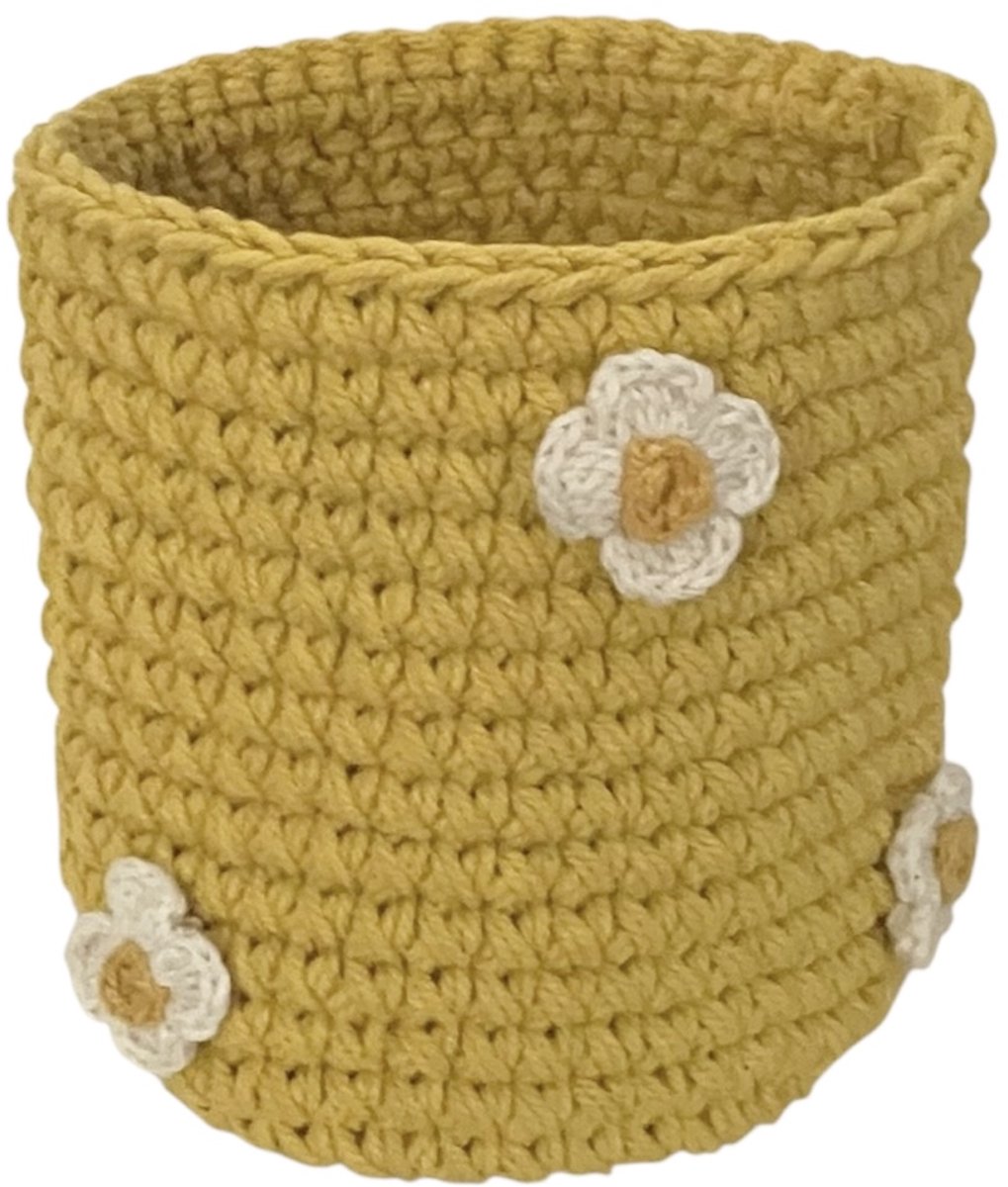 Luna-Leena sustainable basket with flowers - yellow - H13x12øcm - thick cotton - hand crochet in Nepal - opberger - plantenmand - kinderkamer - kamerdecoratie - basket