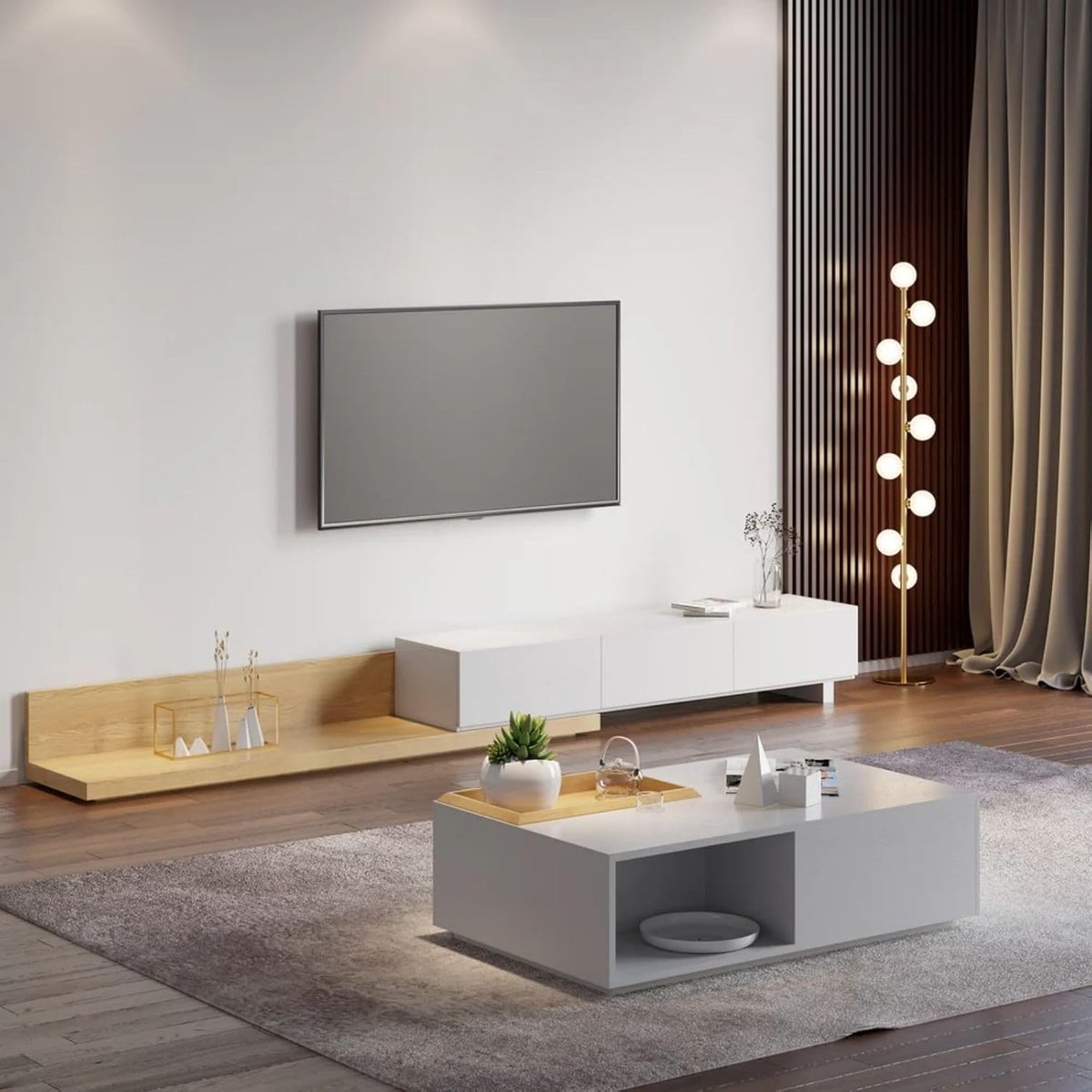 Uitschuifbare TV-meubel 200–279,4 cm Modern Wit & Naturel met 3 Lades – 279,4 x 39,12 x 32 cm – Abkantoor