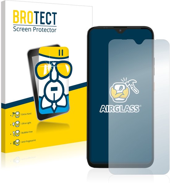 Emballage de la protection d'écran BROTECT et un protecteur d'écran transparent à côté d'un smartphone.