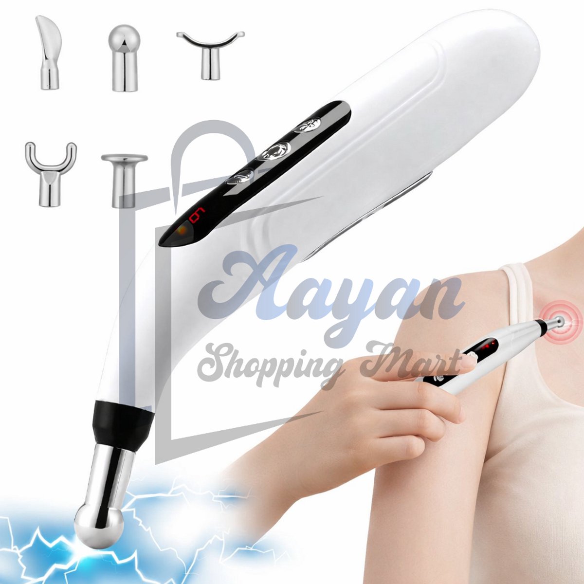 Acupunctuur Massage Pen Elektrostimulator Met LCD – 5 Opzetstukken – Wit – massage gun – vibrator – massage device – 74368