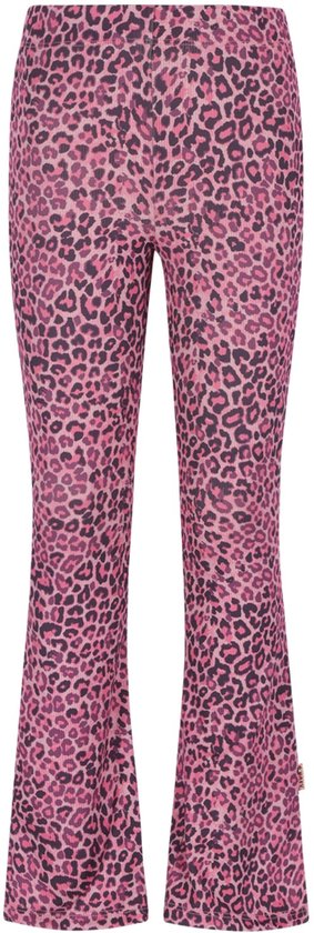 Roze flared broek met panterprint.