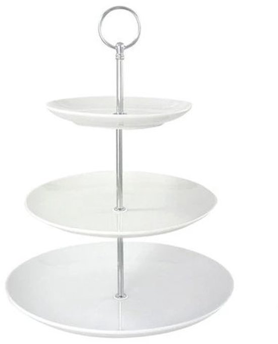 Witte drielaagse etagère met zilverkleurige stang en handvat, op een witte achtergrond.